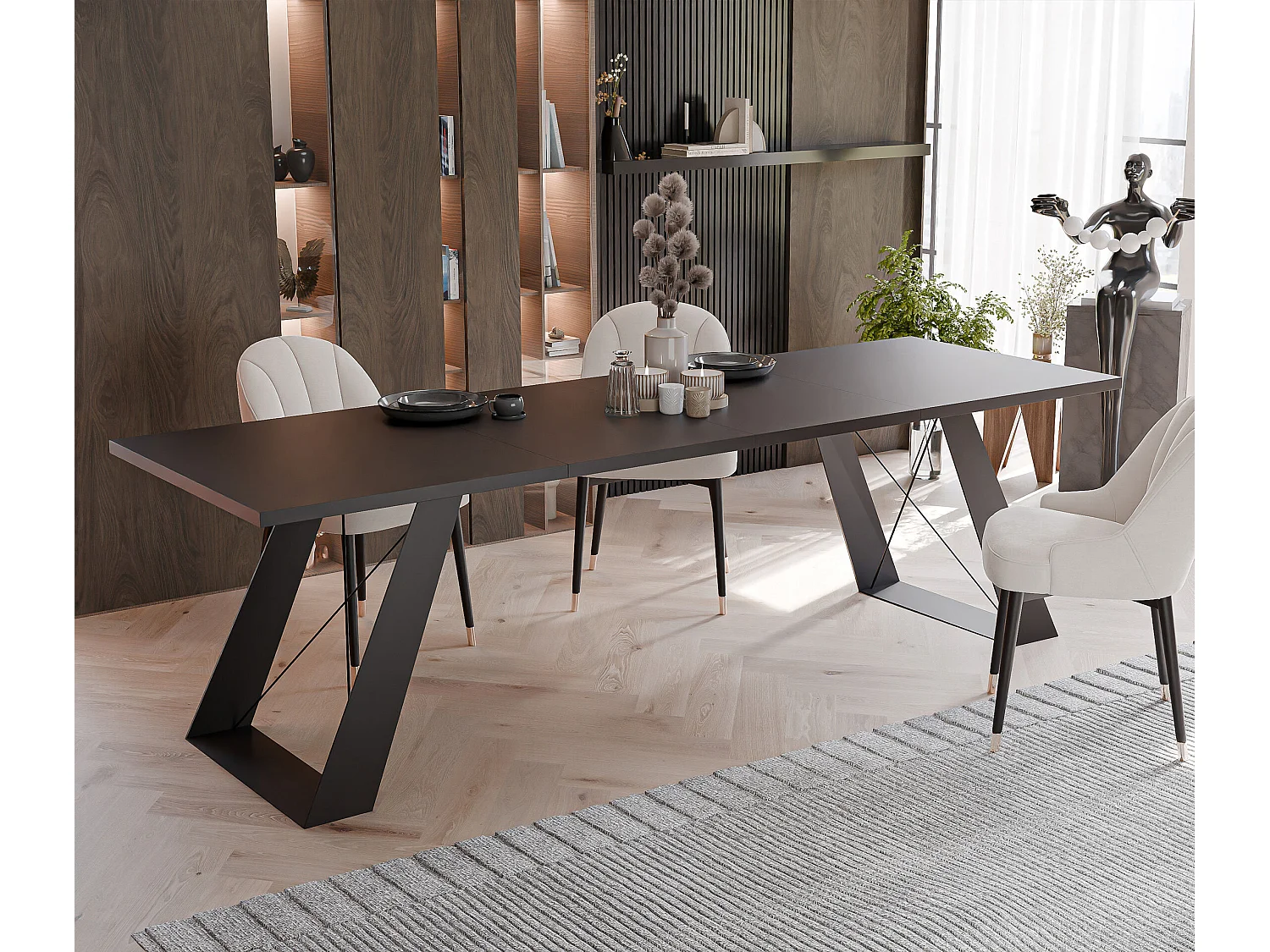 Table à manger extensible 160/260 en MDF, pieds en métal noir, mollet noir