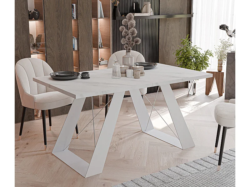 Table à manger extensible 160/260 en MDF, pieds en métal blanc, marbre blanc