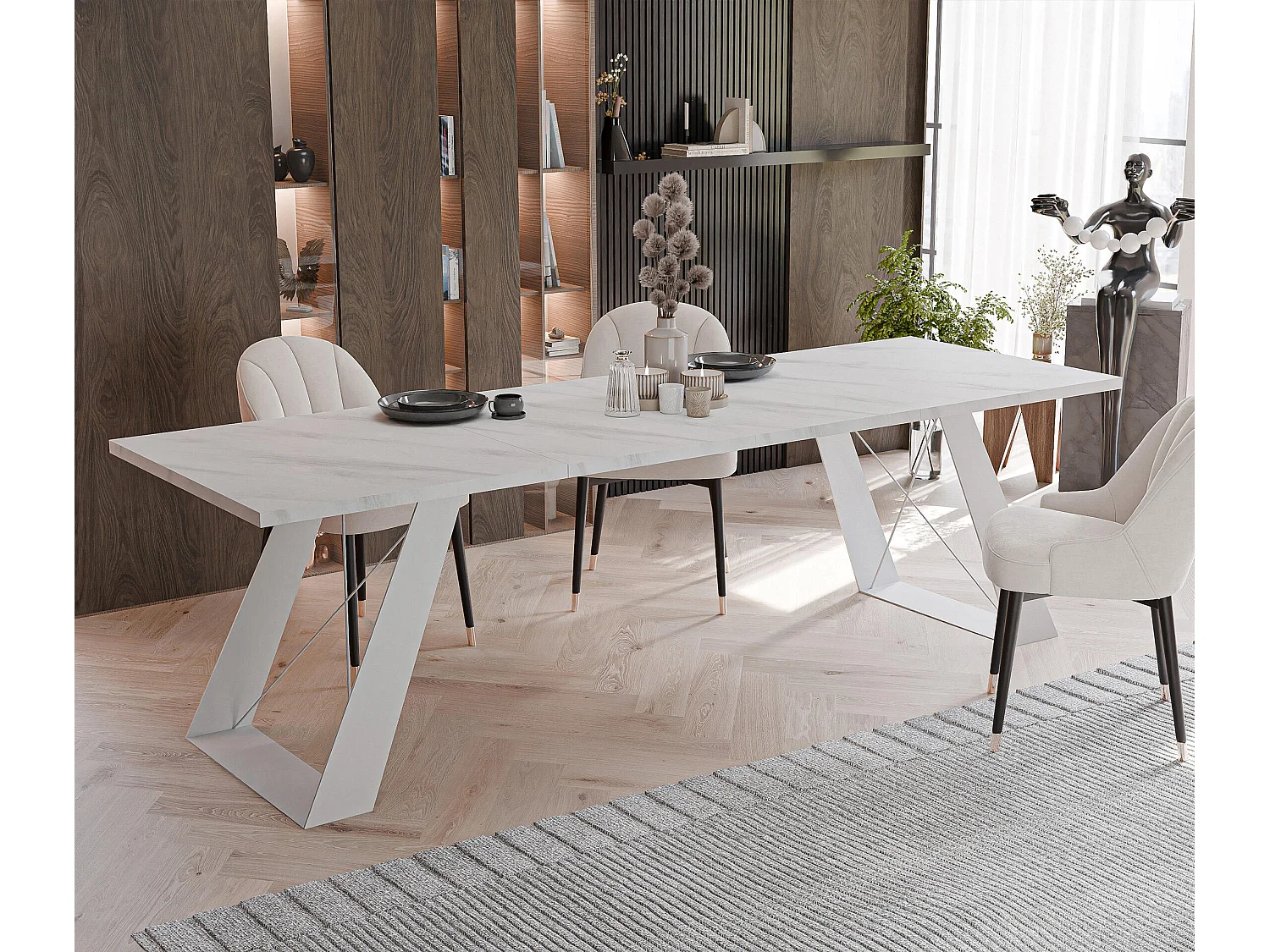 Table à manger extensible 160/260 en MDF, pieds en métal blanc, marbre blanc