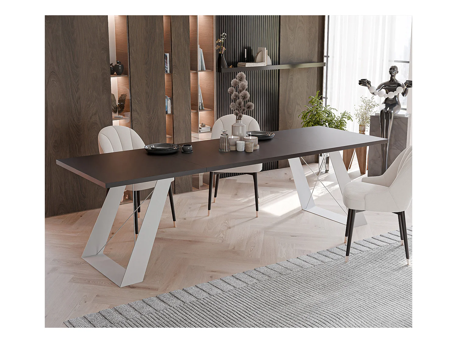 Table à manger extensible 140/240 en MDF, pieds en métal blanc, mollet noir