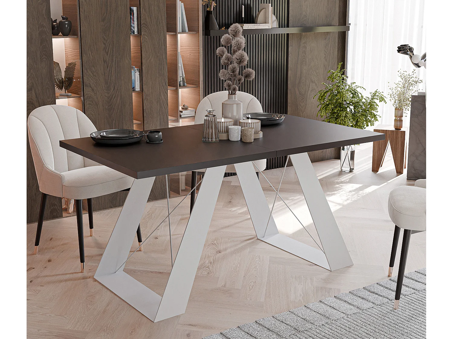 Table à manger extensible 140/240 en MDF, pieds en métal blanc, mollet noir