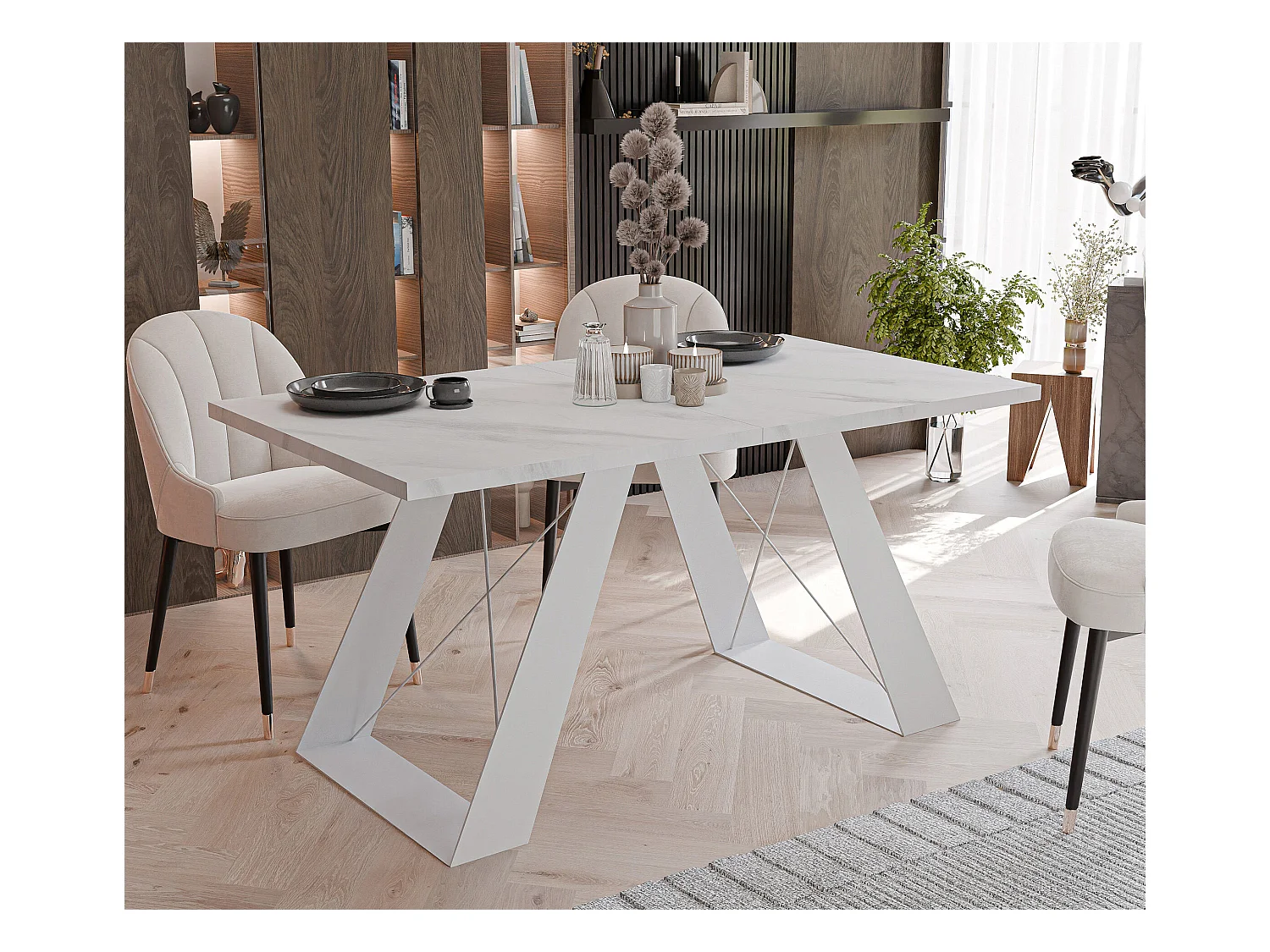 Table à manger extensible 140/240 en MDF, pieds en métal blanc, marbre blanc