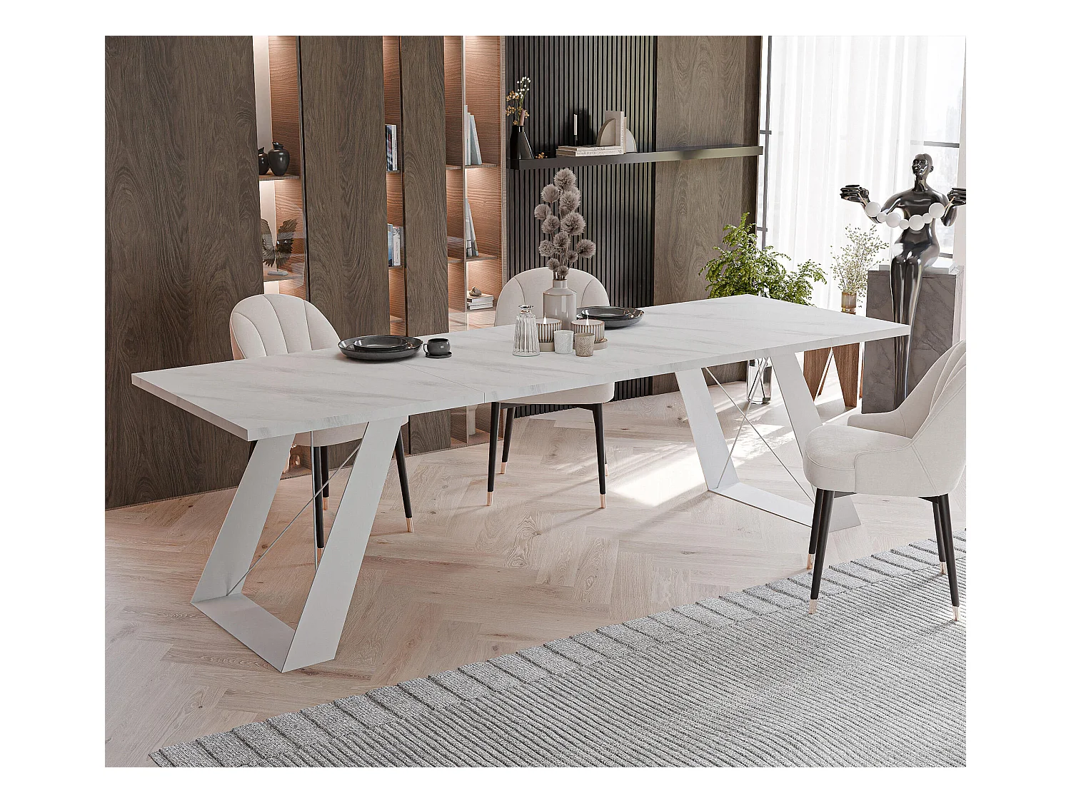 Table à manger extensible 140/240 en MDF, pieds en métal blanc, marbre blanc