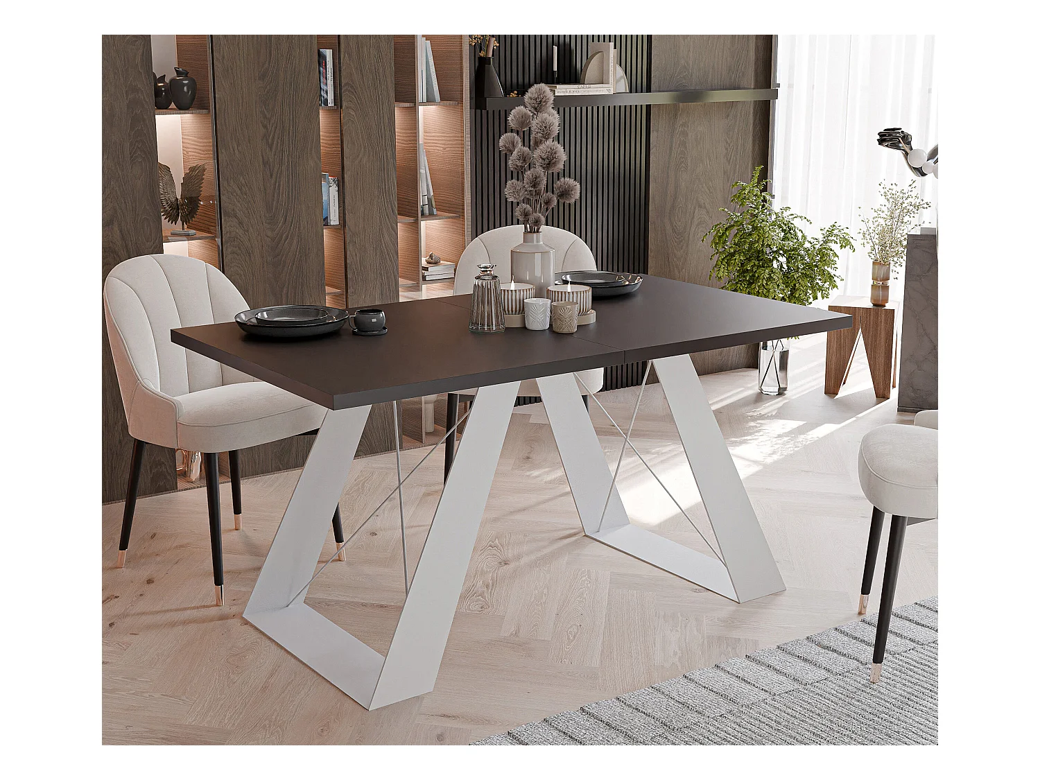 Table à manger extensible 160/260 en MDF, pieds en métal blanc, mollet noir