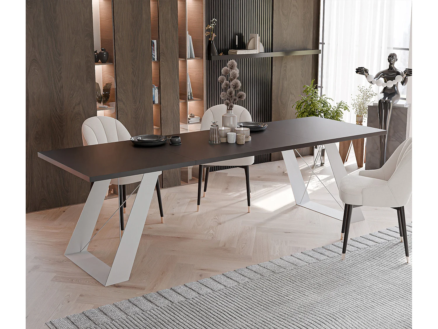 Table à manger extensible 160/260 en MDF, pieds en métal blanc, mollet noir