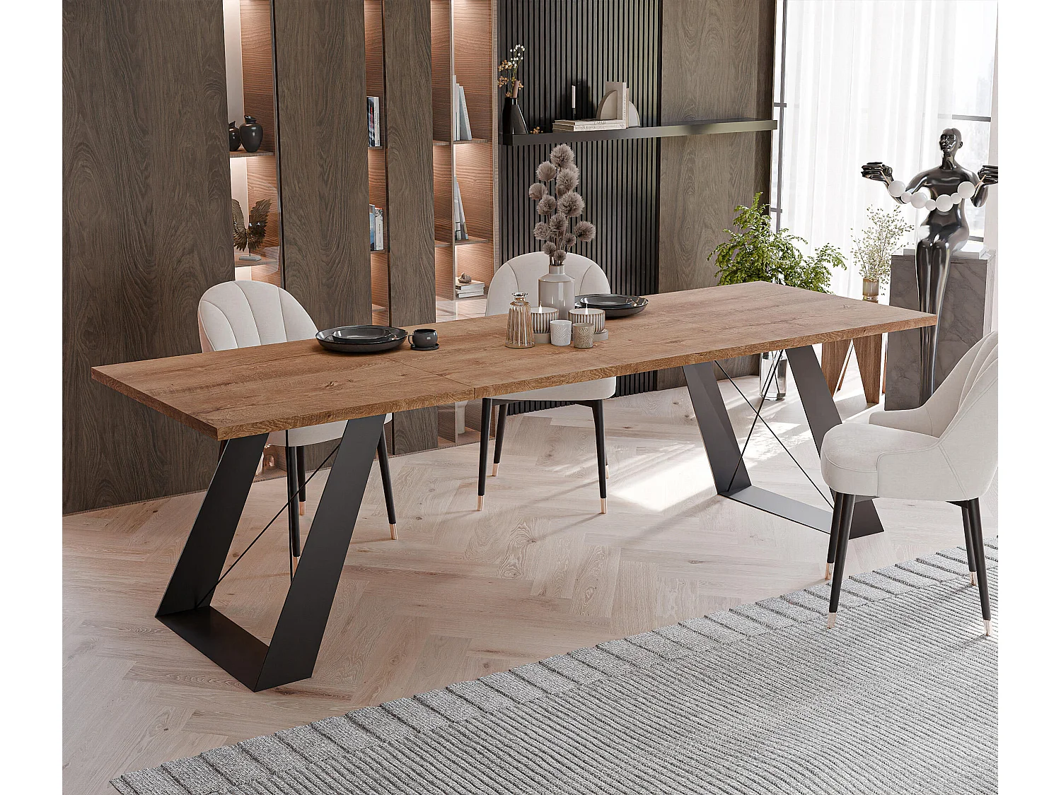 Table à manger extensible 140/240 en MDF, pieds en métal noir, chêne de Lefkas