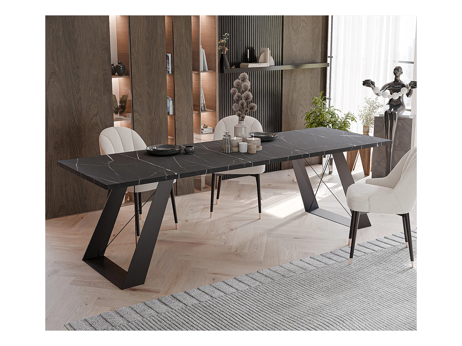 Table à manger extensible 140/240 en MDF, pieds en métal noir, grigia pietra