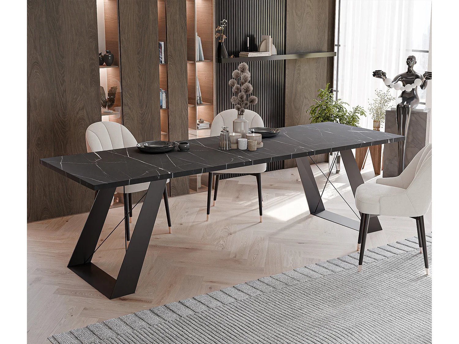 Table à manger extensible 140/240 en MDF, pieds en métal noir, grigia pietra