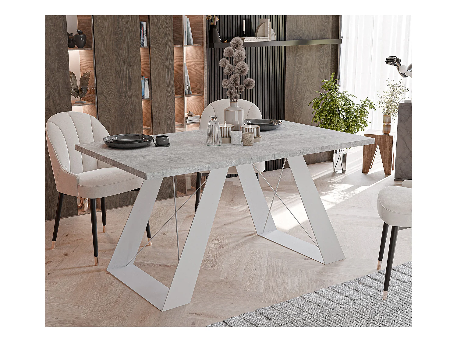 Table à manger extensible 160/260 en MDF, pieds en métal blanc, gris bellato