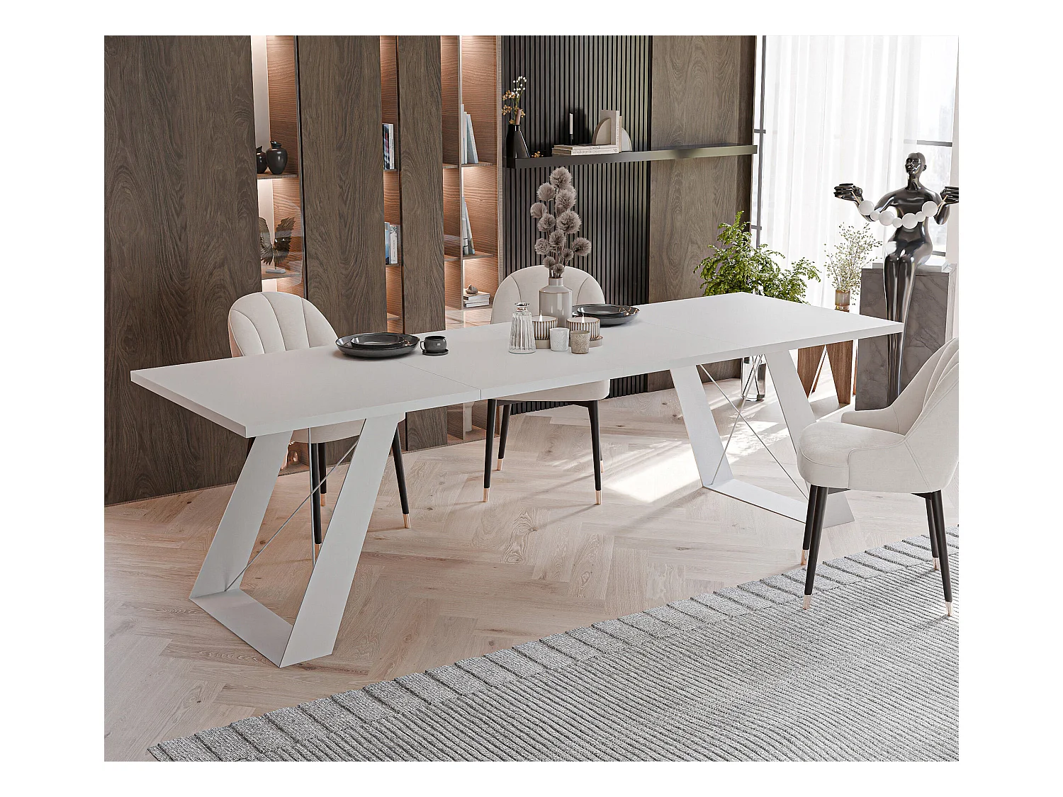 Table à manger extensible 160/260 en MDF, pieds en métal blanc, blanc arctique