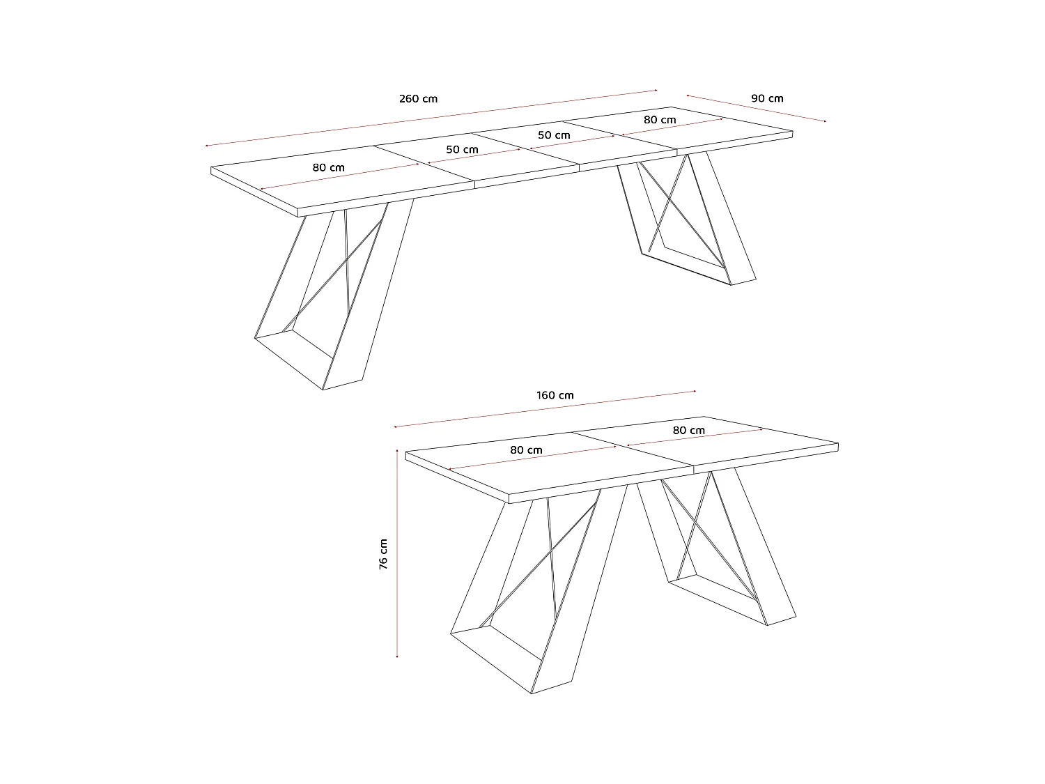Table à manger extensible 160/260 en MDF, pieds en métal blanc, blanc arctique