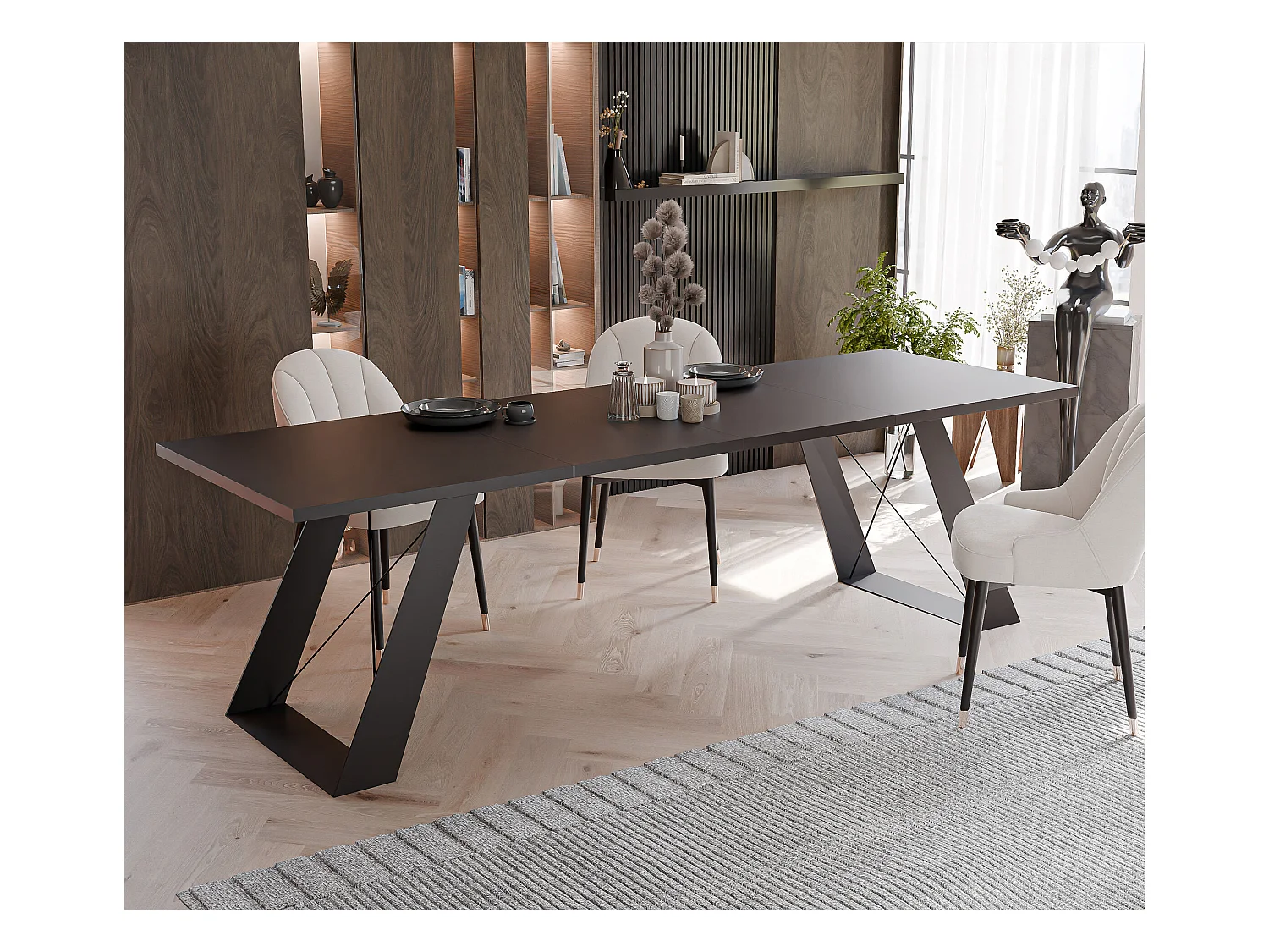 Table à manger extensible 140/240 en MDF, pieds en métal noir, mollet noir