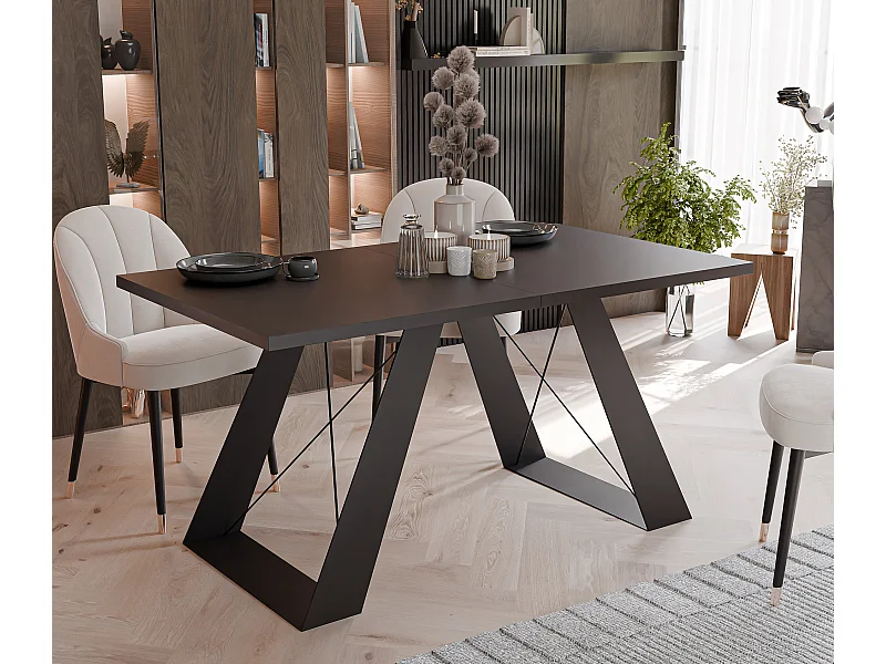 Table à manger extensible 140/240 en MDF, pieds en métal noir, mollet noir