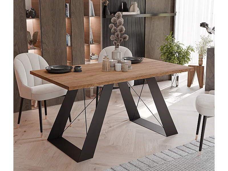 Table à manger extensible 160/260 en MDF, pieds en métal noir, chêne de Lefkas