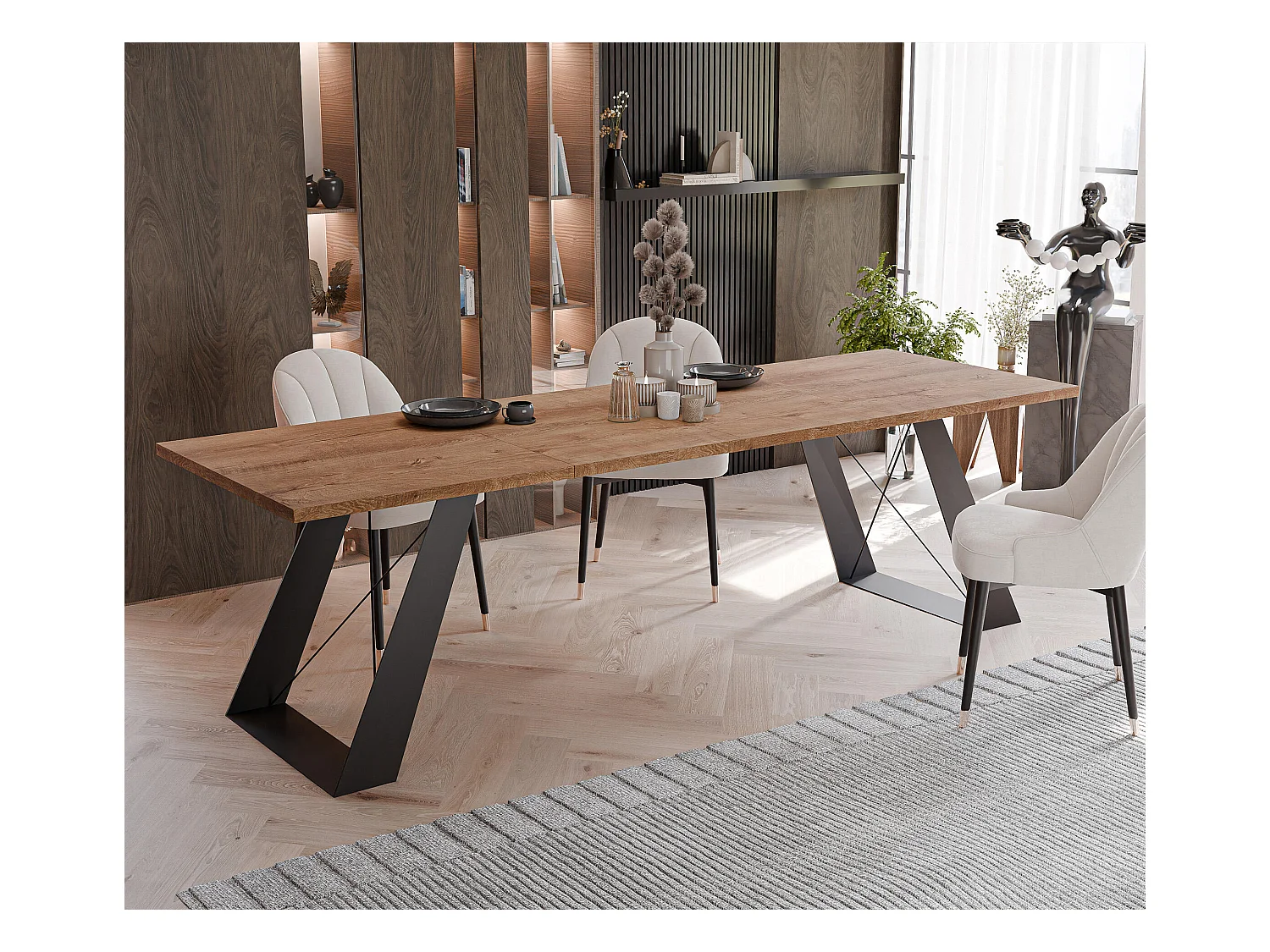 Table à manger extensible 160/260 en MDF, pieds en métal noir, chêne de Lefkas