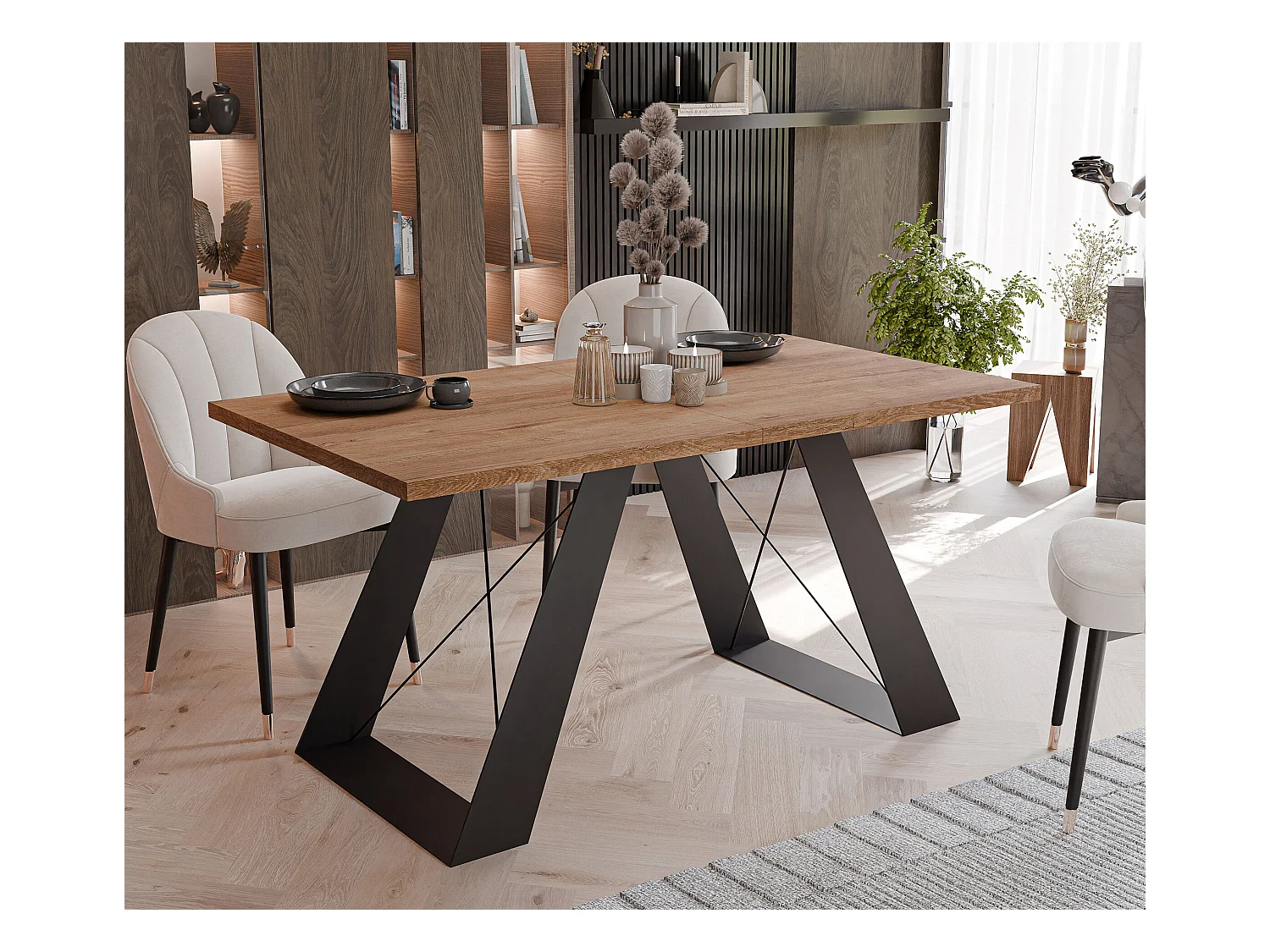 Table à manger extensible 160/260 en MDF, pieds en métal noir, chêne de Lefkas