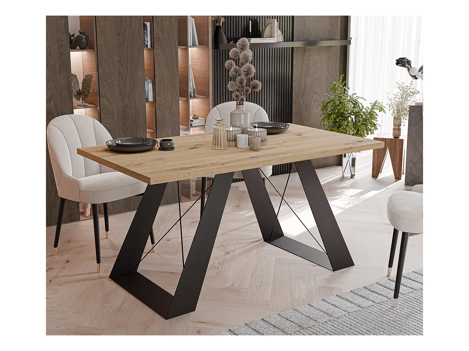 Table à manger extensible 160/260 en MDF, pieds en métal noir, chêne artisanal