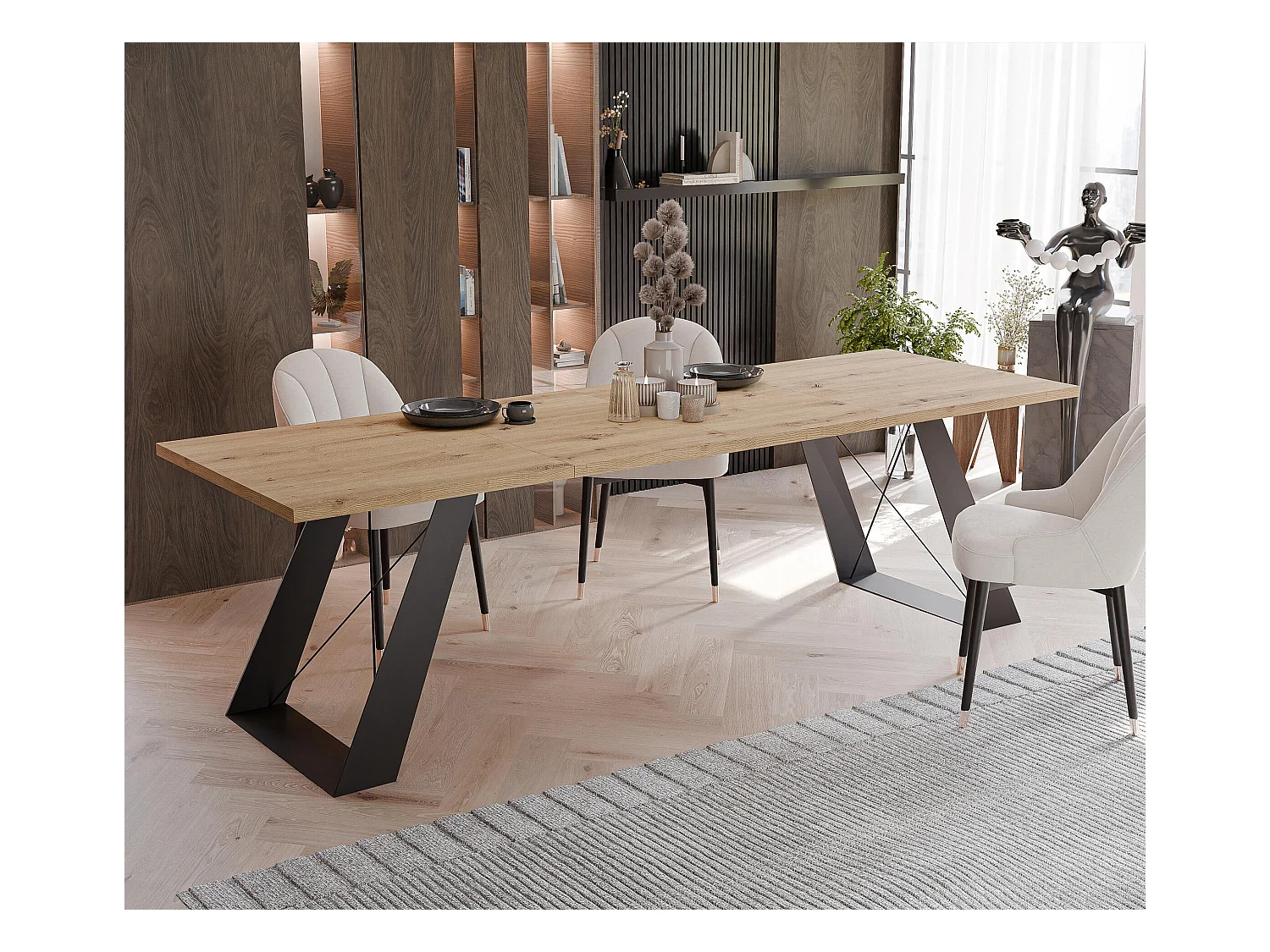 Table à manger extensible 160/260 en MDF, pieds en métal noir, chêne artisanal