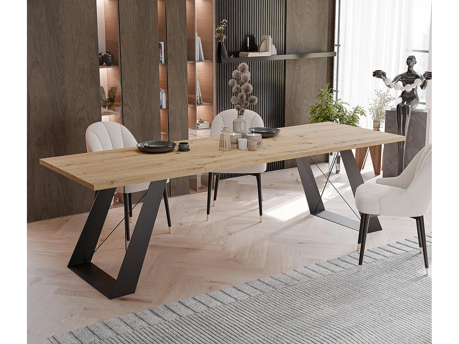 Table à manger extensible 160/260 en MDF, pieds en métal noir, chêne artisanal