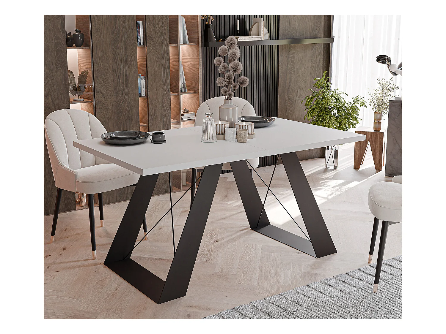 Table à manger extensible 160/260 en MDF, pieds en métal noir, blanc arctique