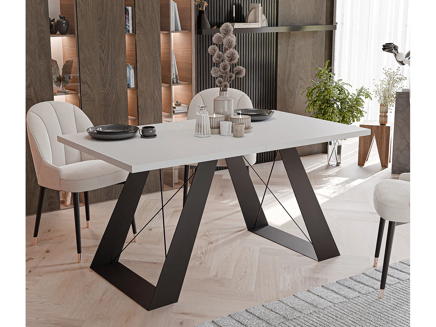 Table à manger extensible 160/260 en MDF, pieds en métal noir, blanc arctique