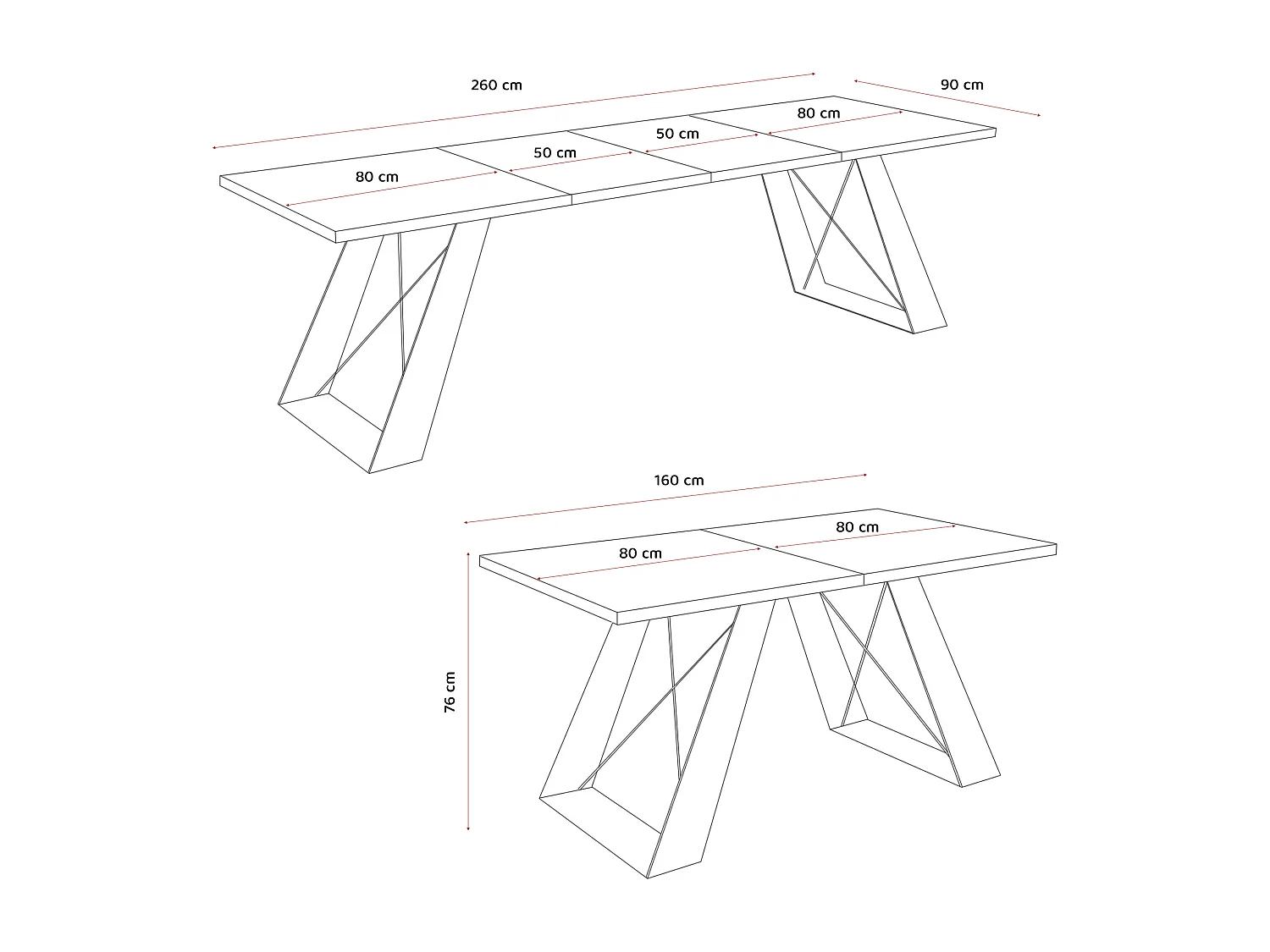Table à manger extensible 160/260 en MDF, pieds en métal noir, blanc arctique