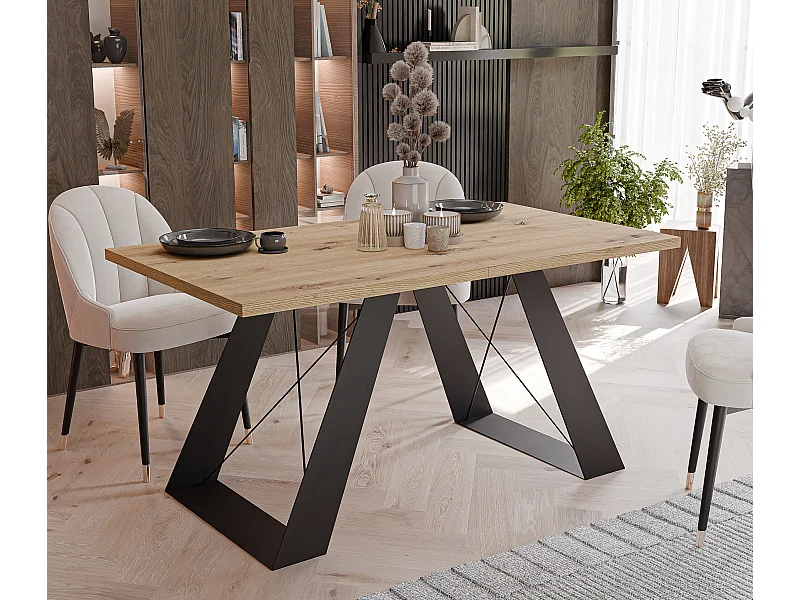 Table à manger extensible 140/240 en MDF, pieds en métal noir, chêne artisanal