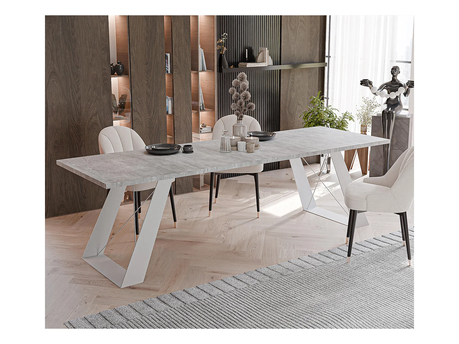 Table à manger extensible 140/240 en MDF, pieds en métal blanc, gris bellato