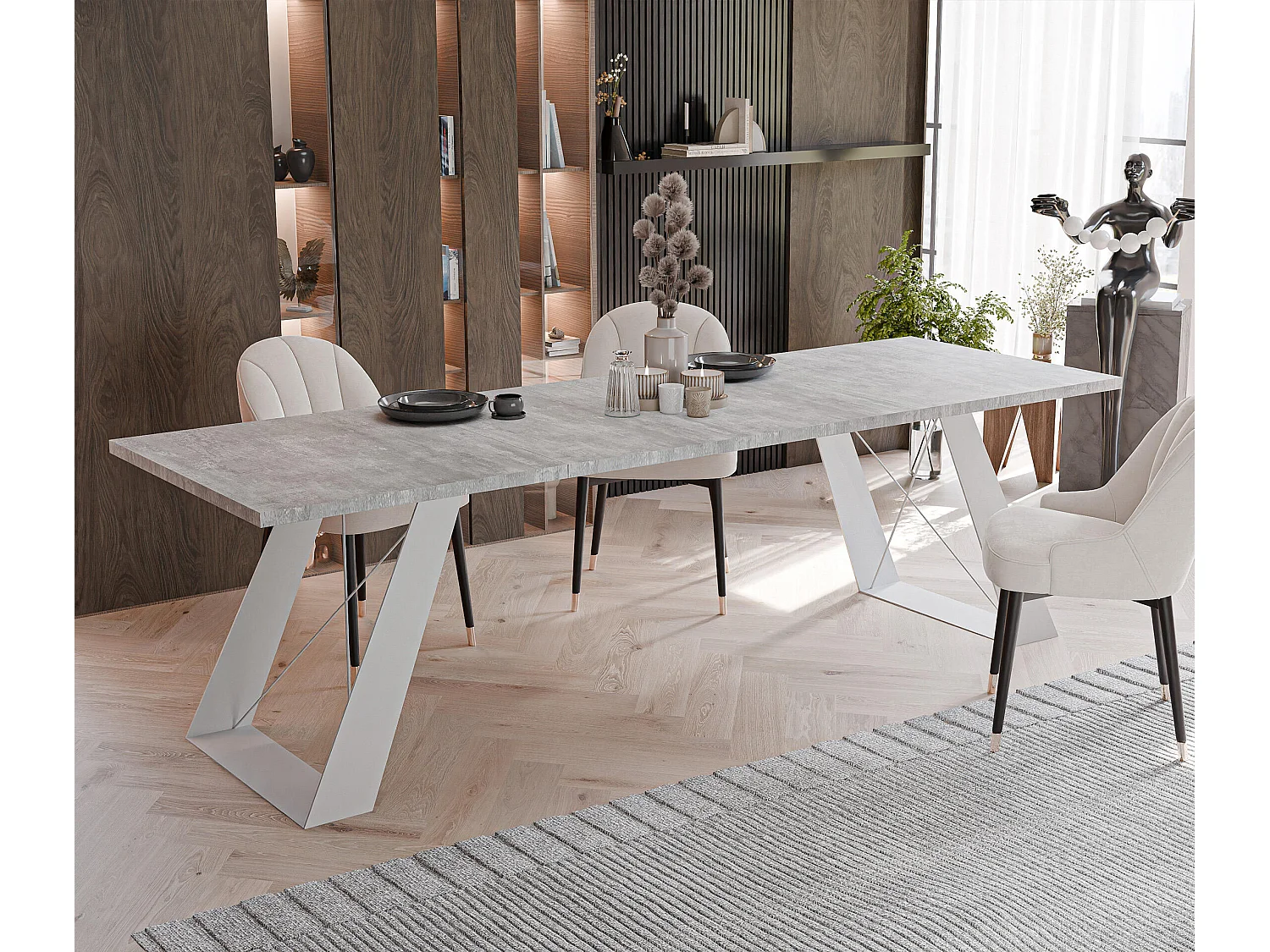 Table à manger extensible 140/240 en MDF, pieds en métal blanc, gris bellato