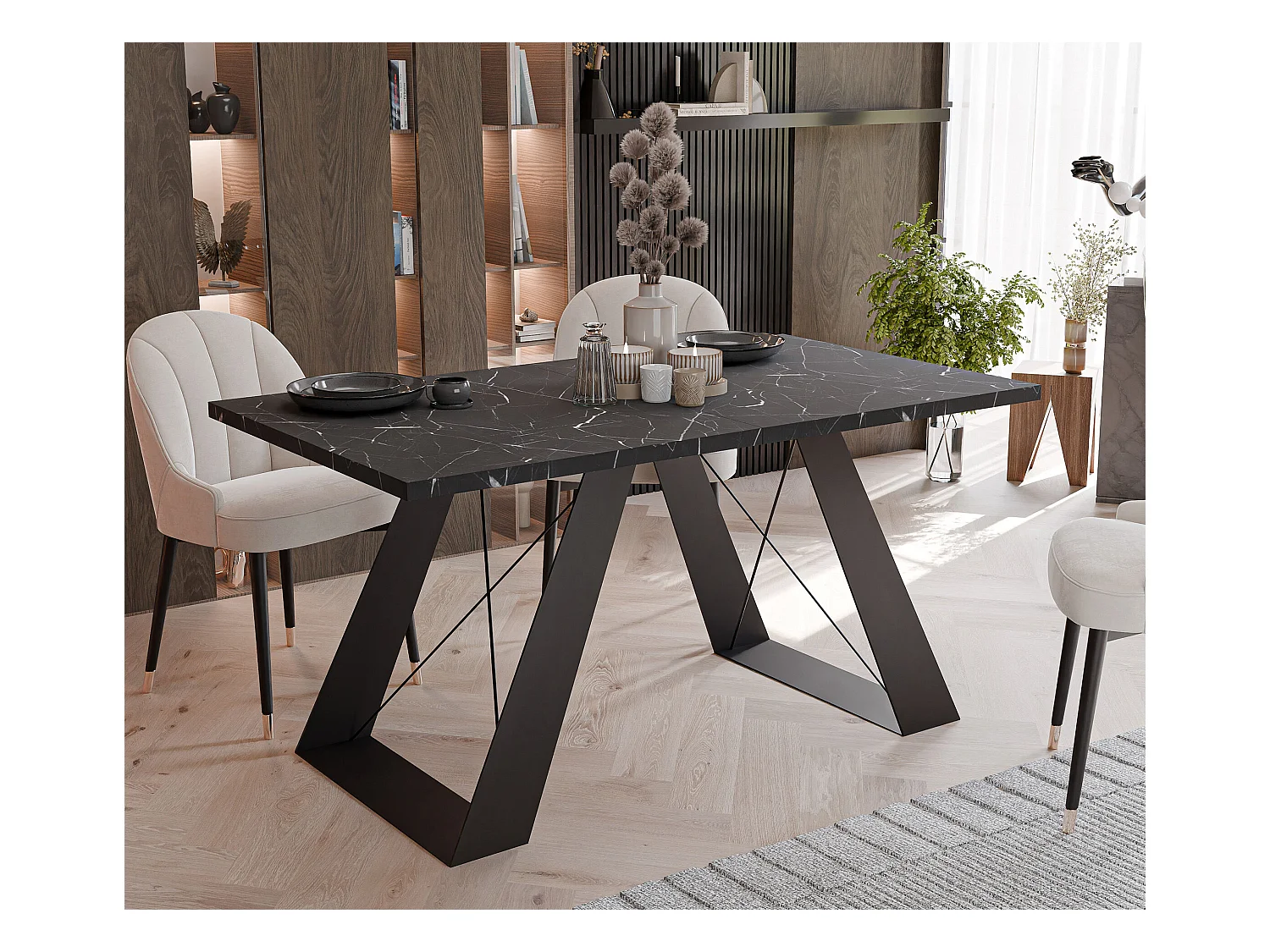 Table à manger extensible 160/260 en MDF, pieds en métal noir, grigia pietra