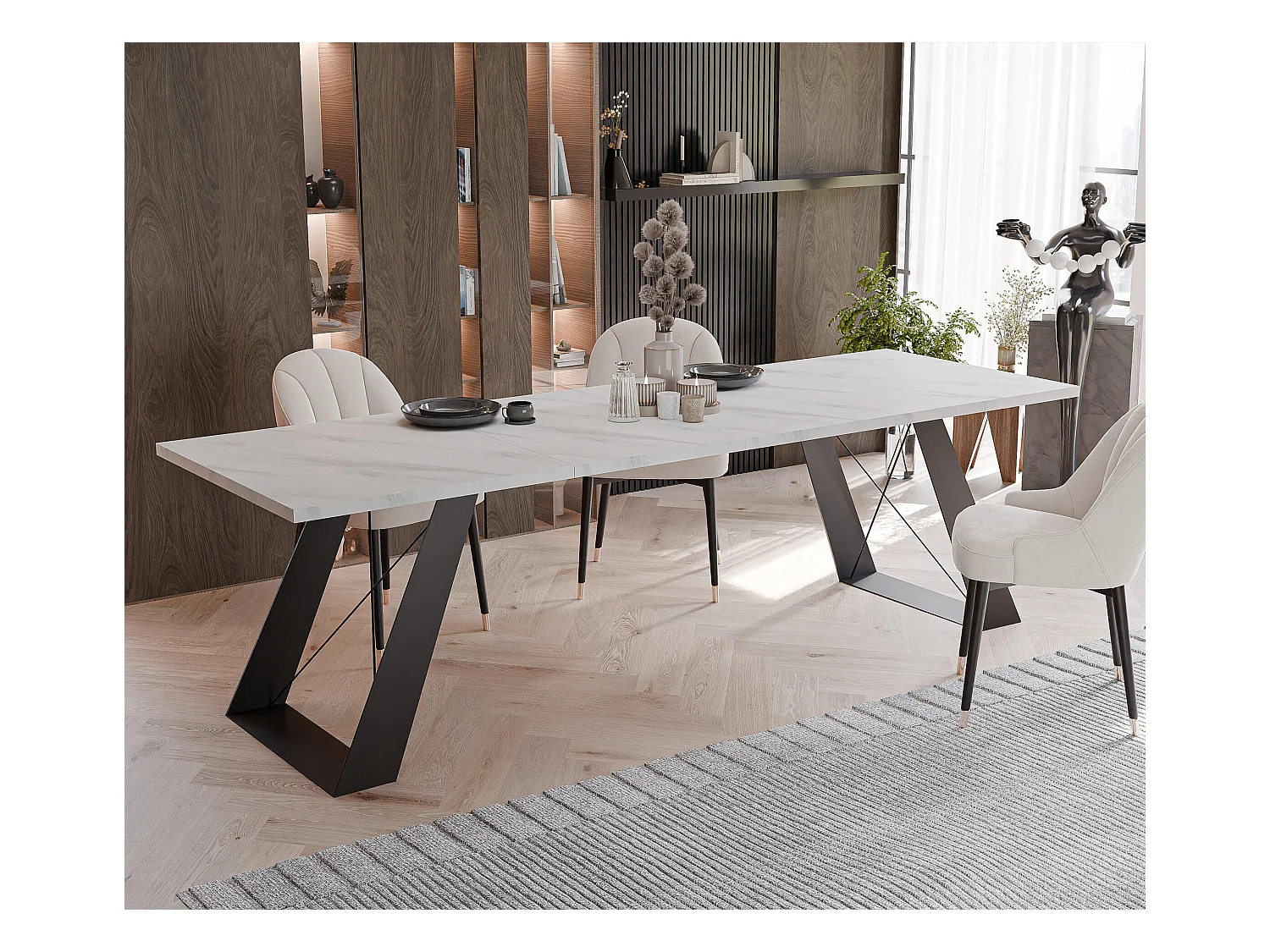 Table à manger extensible 140/240 en MDF, pieds en métal noir, marbre blanc