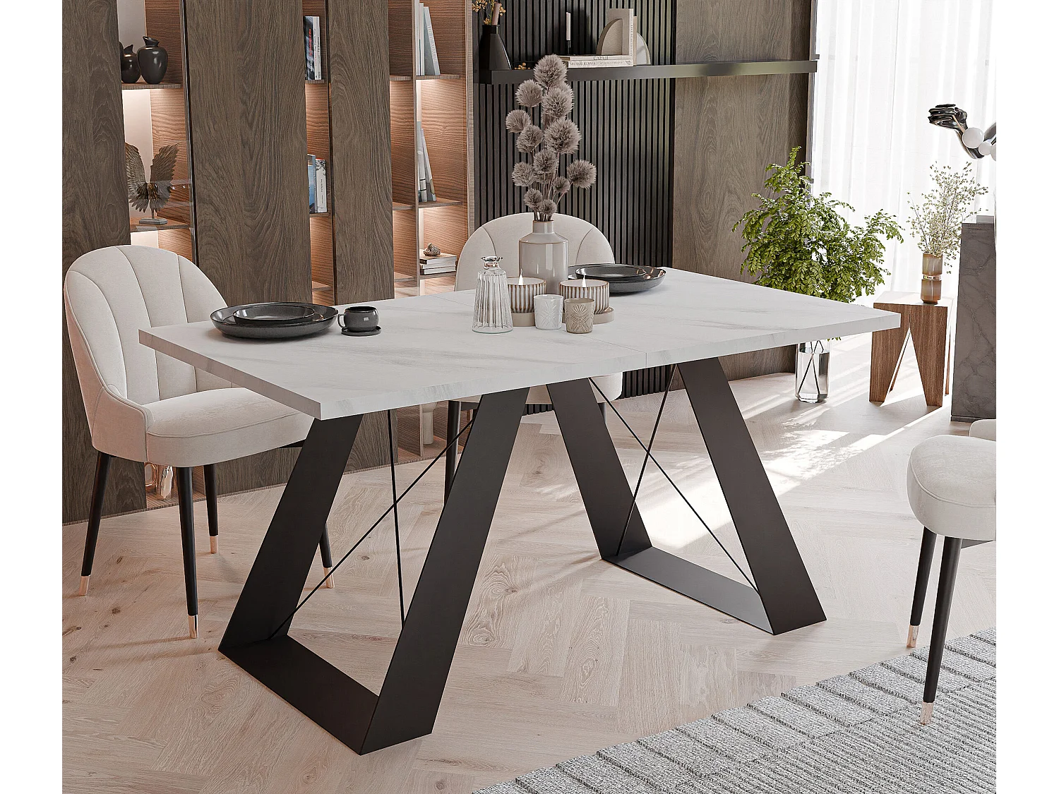 Table à manger extensible 140/240 en MDF, pieds en métal noir, marbre blanc