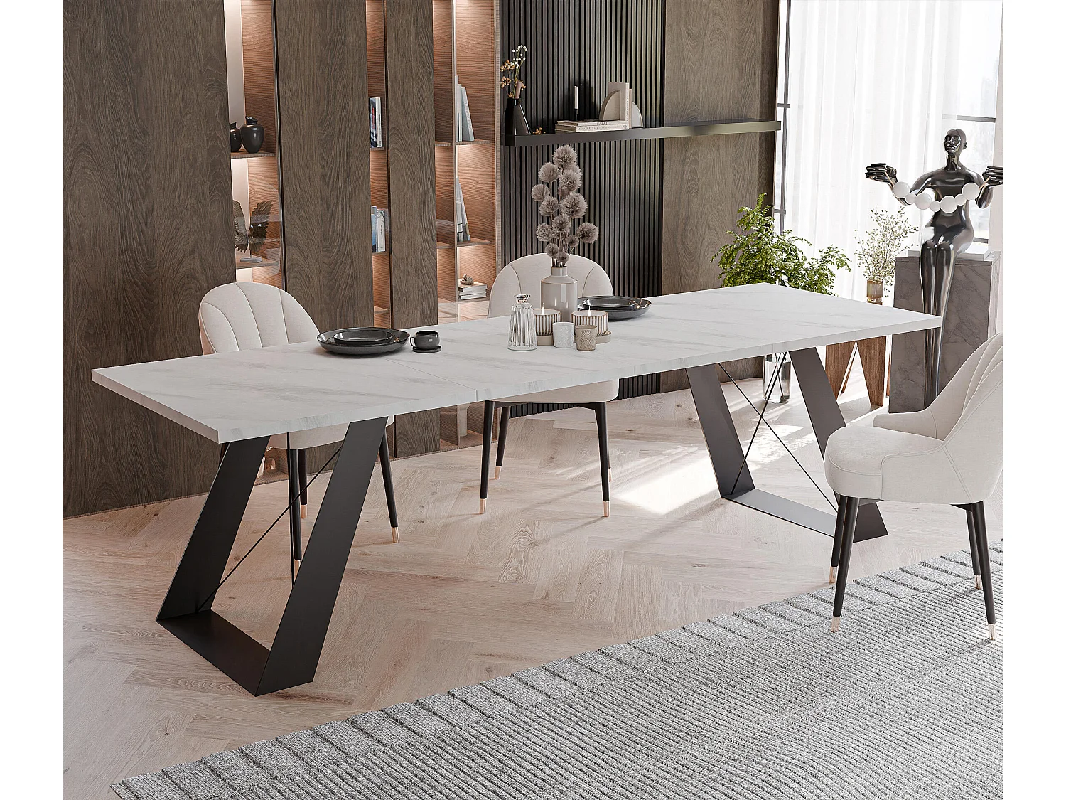 Table à manger extensible 160/260 en MDF, pieds en métal noir, marbre blanc