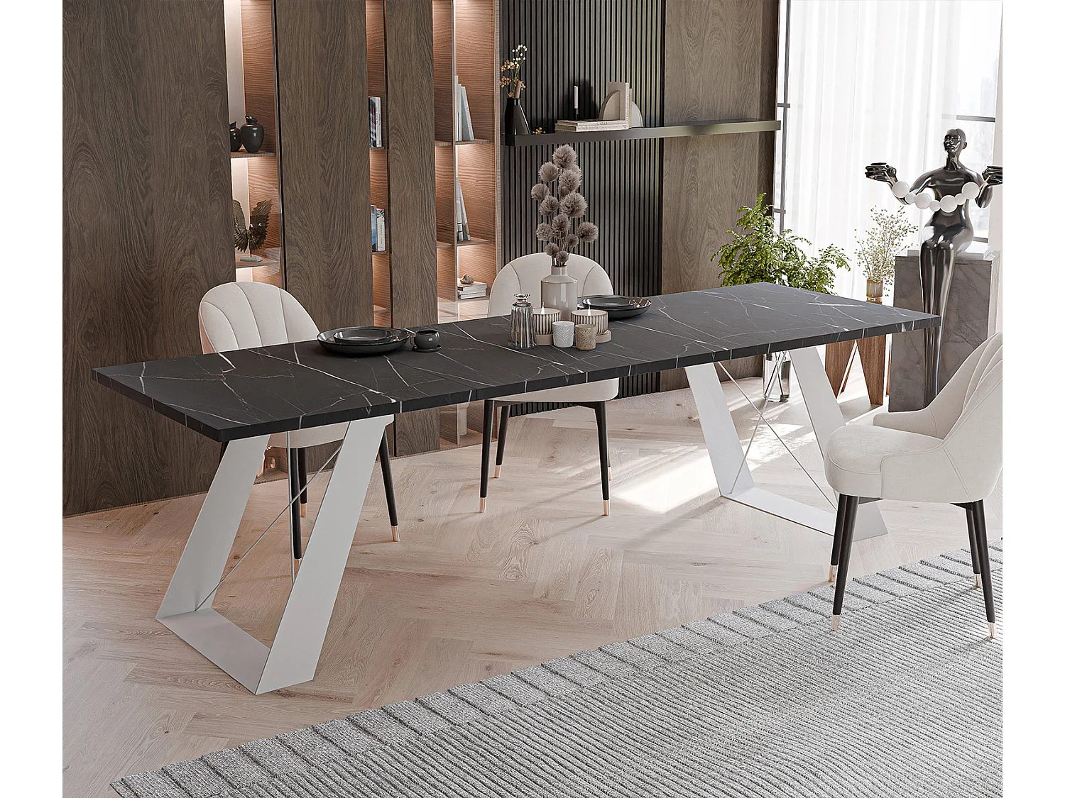 Table à manger extensible 160/260 en MDF, pieds en métal blanc, grigia pietra