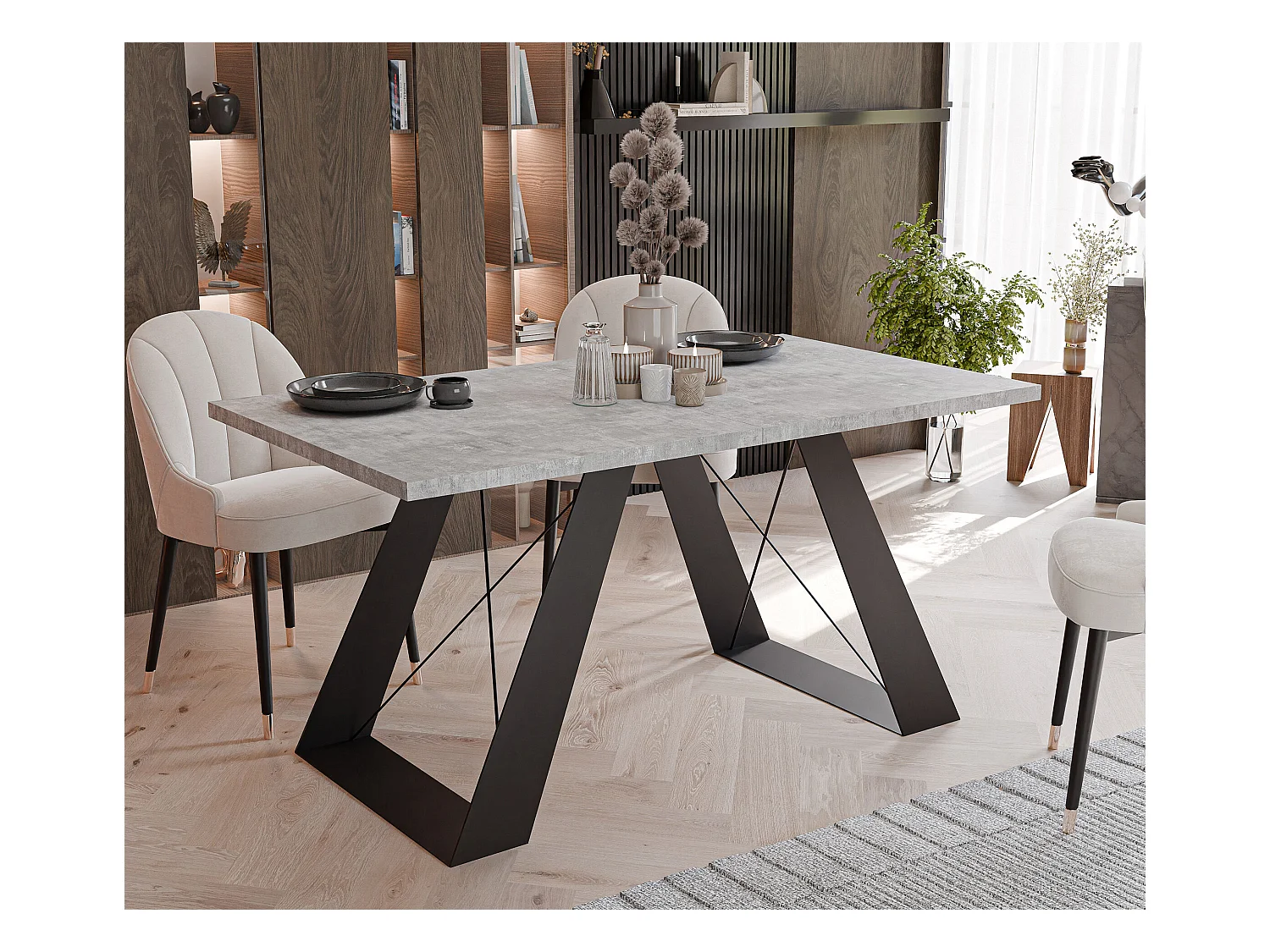 Table à manger extensible 140/240 en MDF, pieds en métal noir, gris bellato