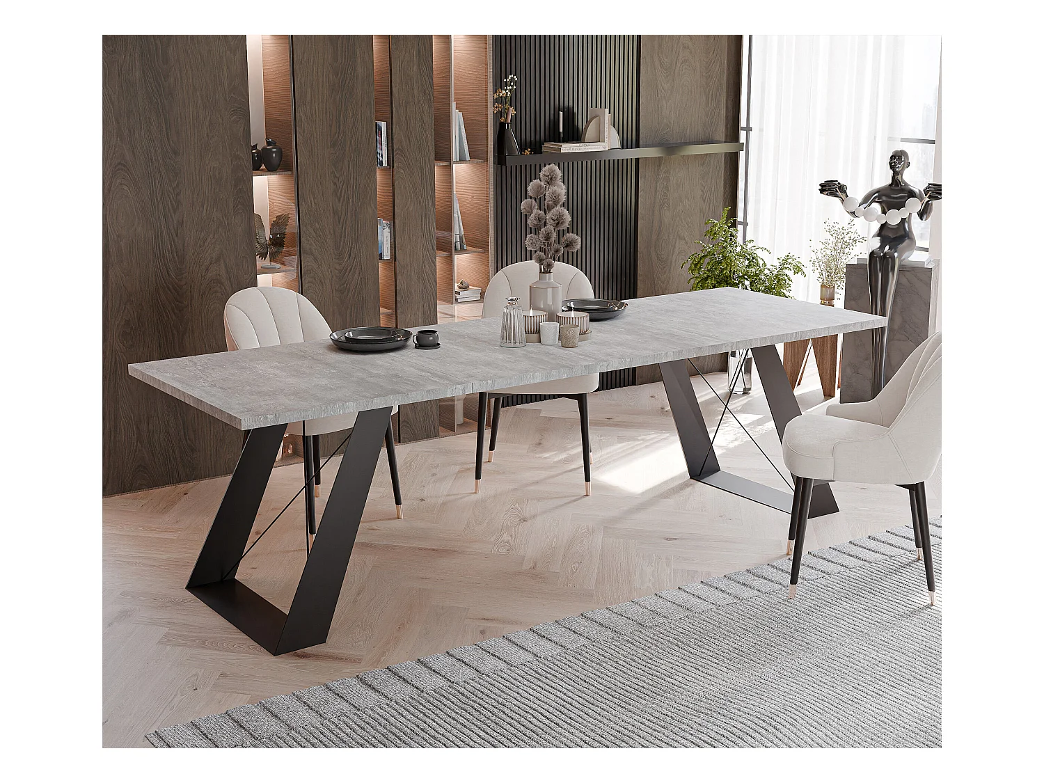 Table à manger extensible 140/240 en MDF, pieds en métal noir, gris bellato