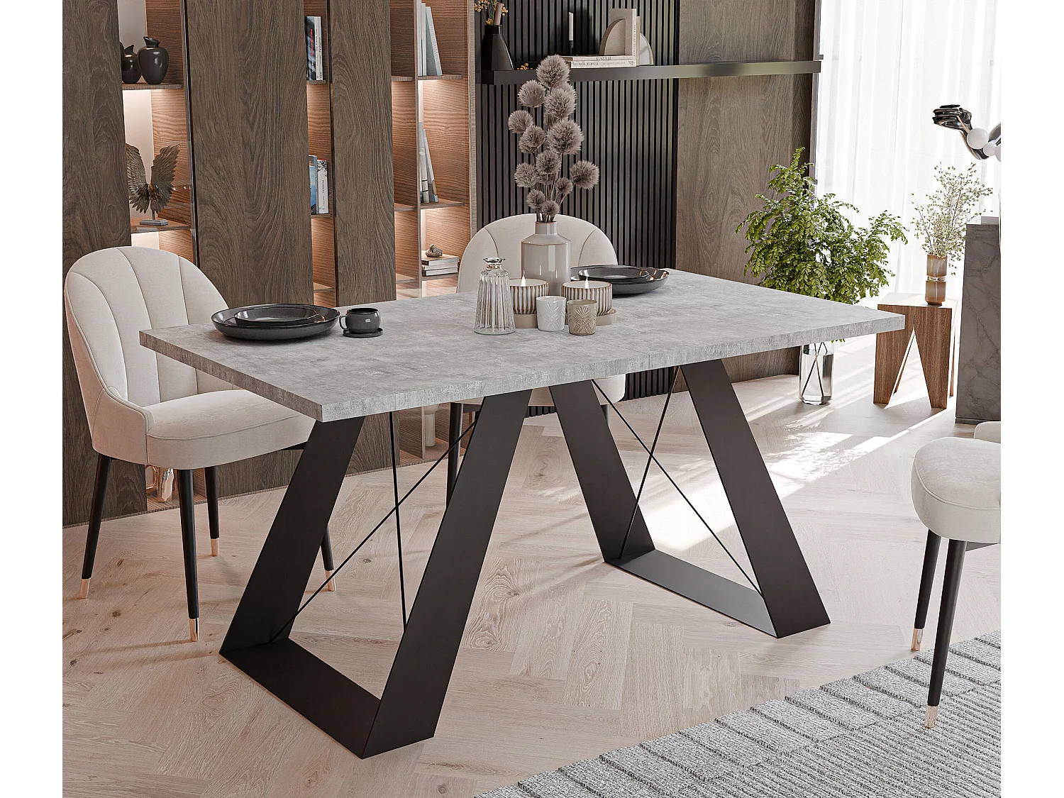 Table à manger extensible 140/240 en MDF, pieds en métal noir, gris bellato