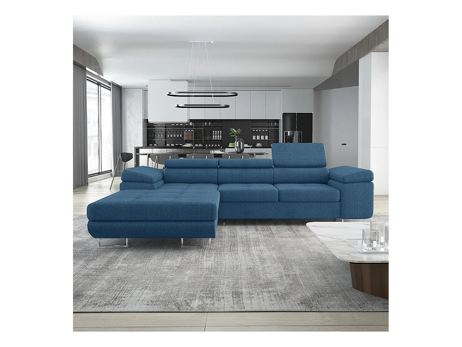 Canapé d'angle gauche convertible Alphonso velours côtelé Bleu