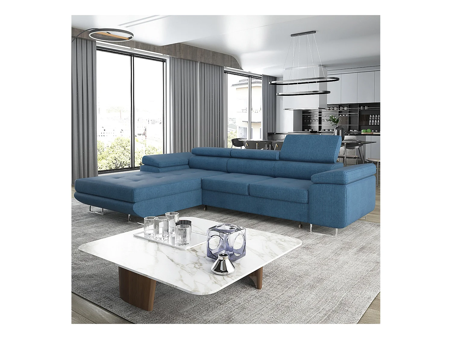 Canapé d'angle gauche convertible Alphonso velours côtelé Bleu