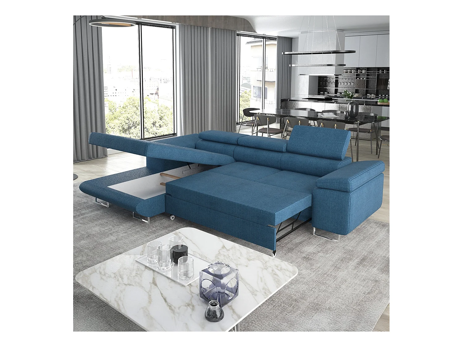 Canapé d'angle gauche convertible Alphonso velours côtelé Bleu