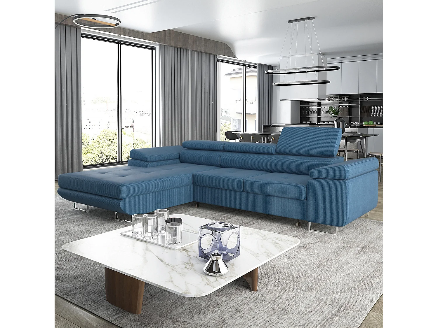 Canapé d'angle gauche convertible Alphonso velours côtelé Bleu