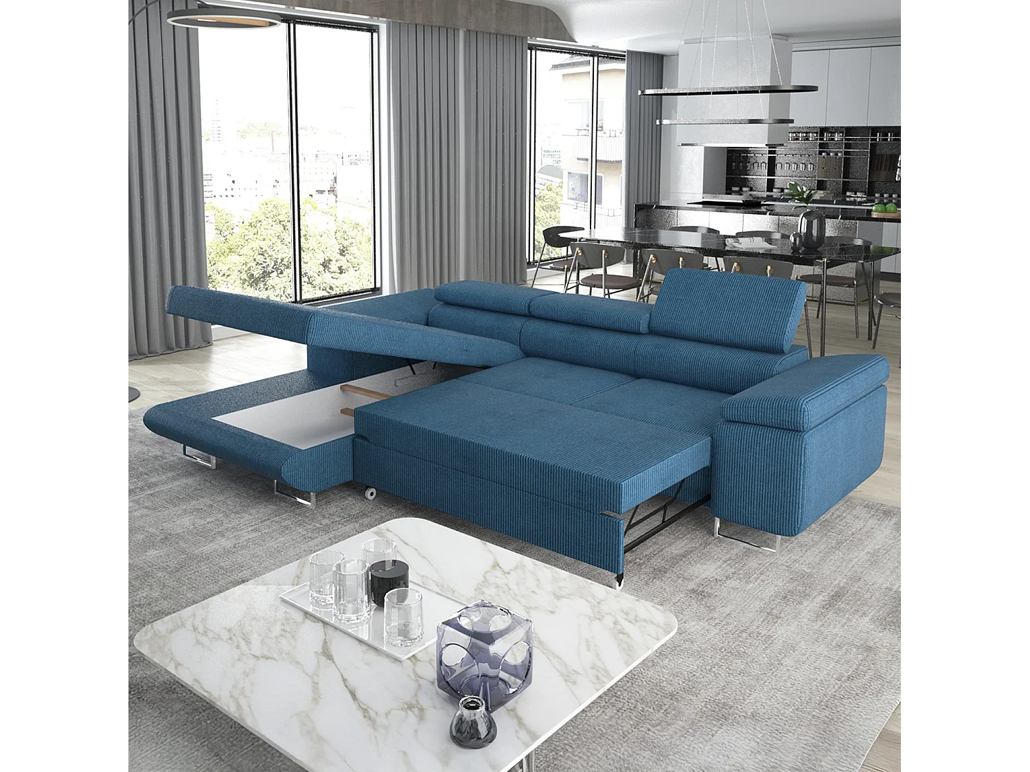 Canapé d'angle gauche convertible Alphonso velours côtelé Bleu