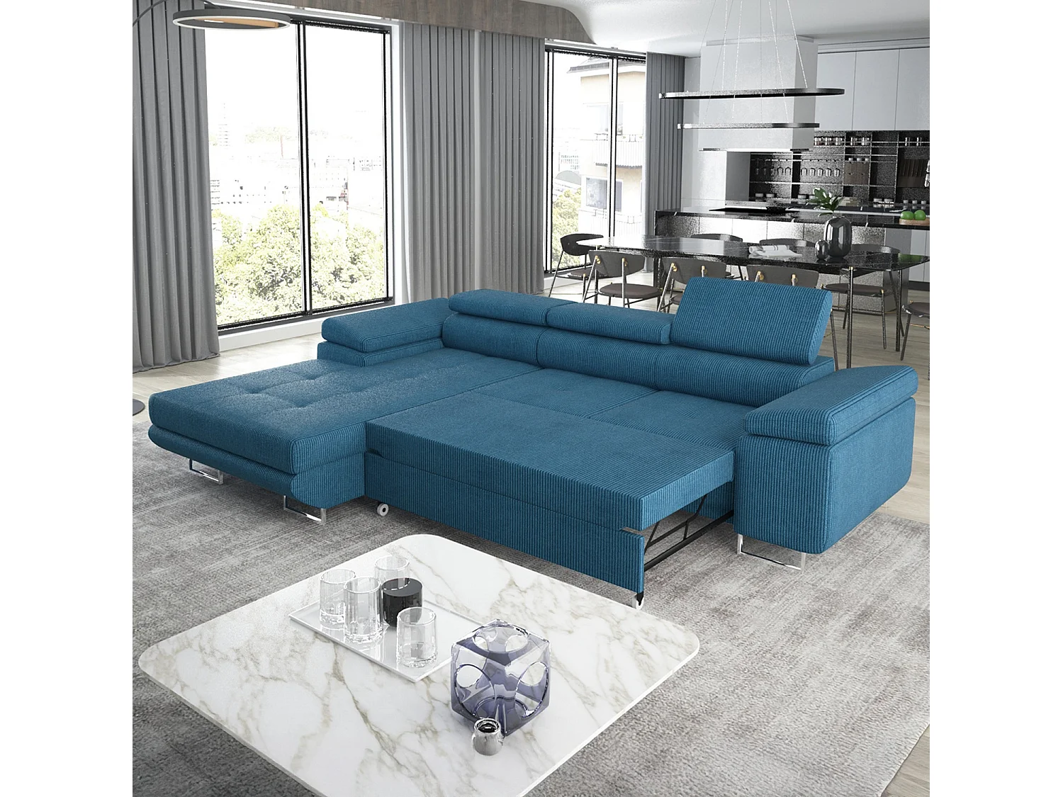 Canapé d'angle gauche convertible Alphonso velours côtelé Bleu