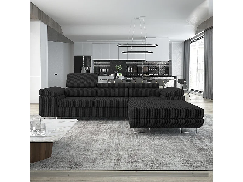 Canapé d'angle droit convertible Alphonso velours côtelé Noir