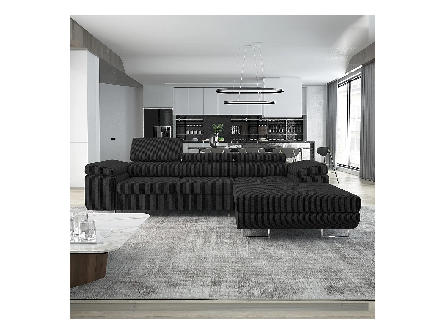 Canapé d'angle droit convertible Alphonso velours côtelé Noir