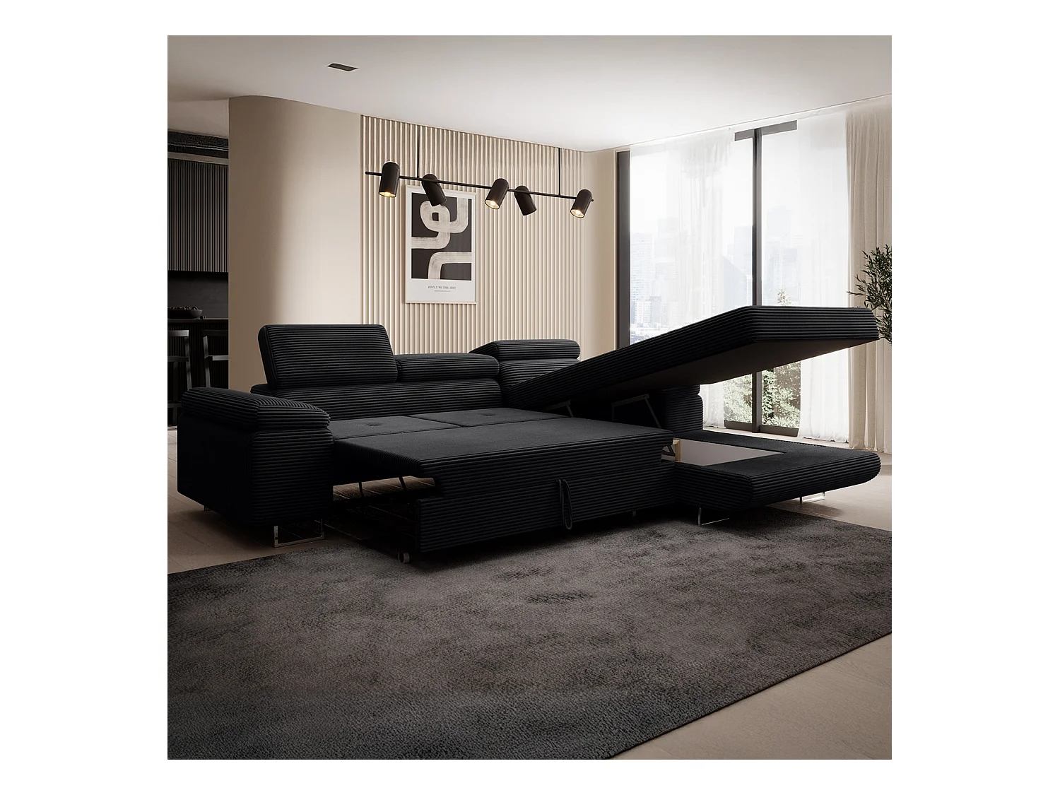 Canapé d'angle droit convertible Alphonso velours côtelé Noir