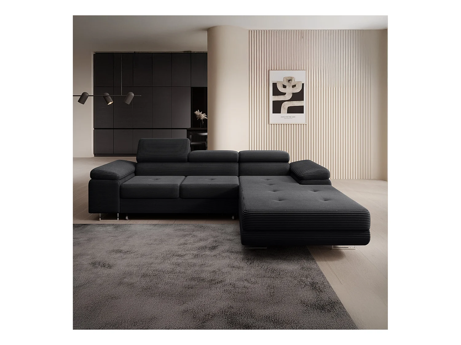 Canapé d'angle droit convertible Alphonso velours côtelé Noir