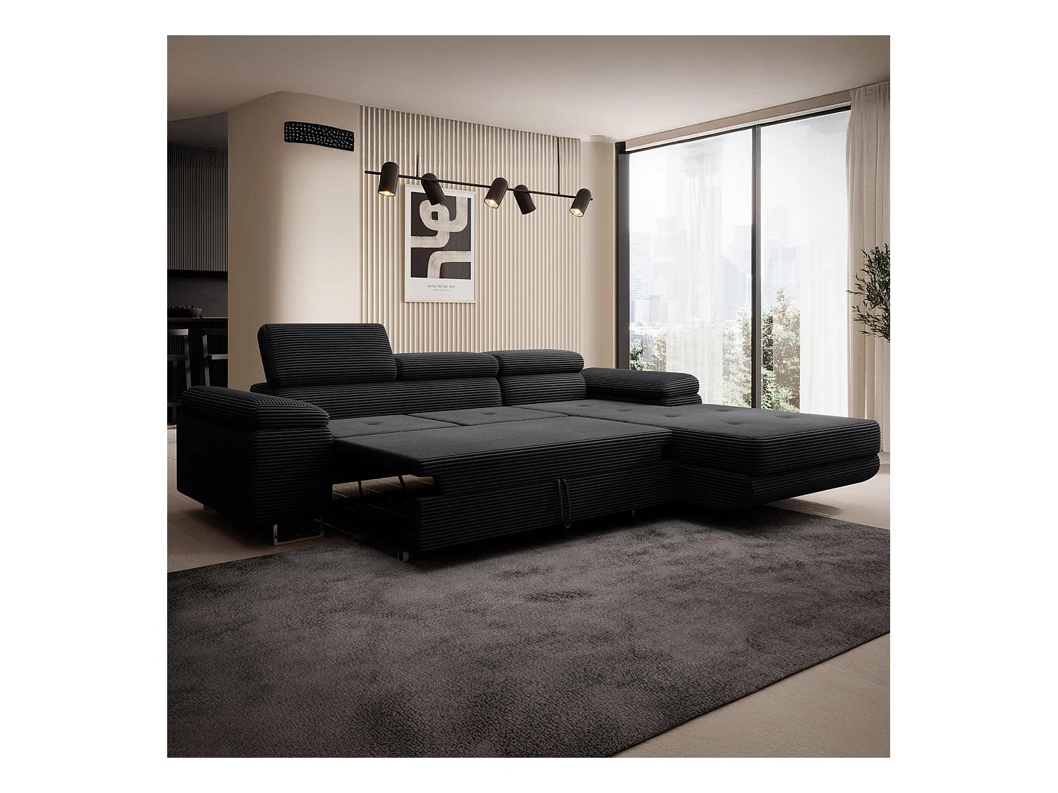 Canapé d'angle droit convertible Alphonso velours côtelé Noir