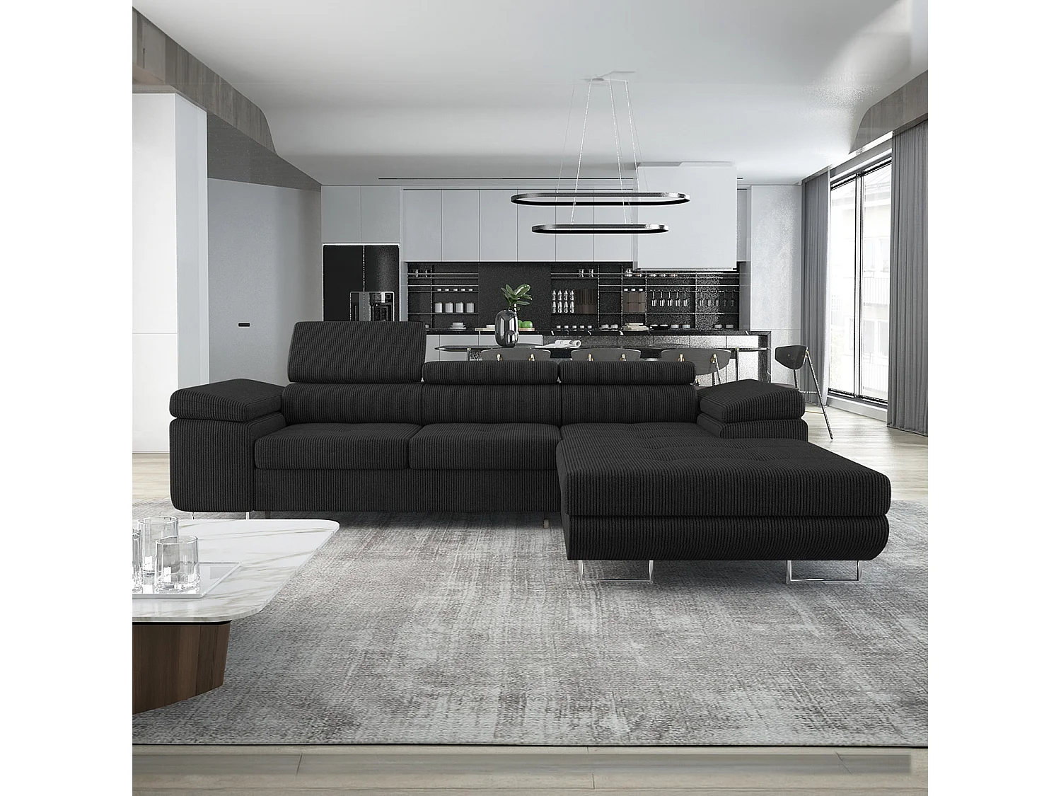 Canapé d'angle droit convertible Alphonso velours côtelé Noir