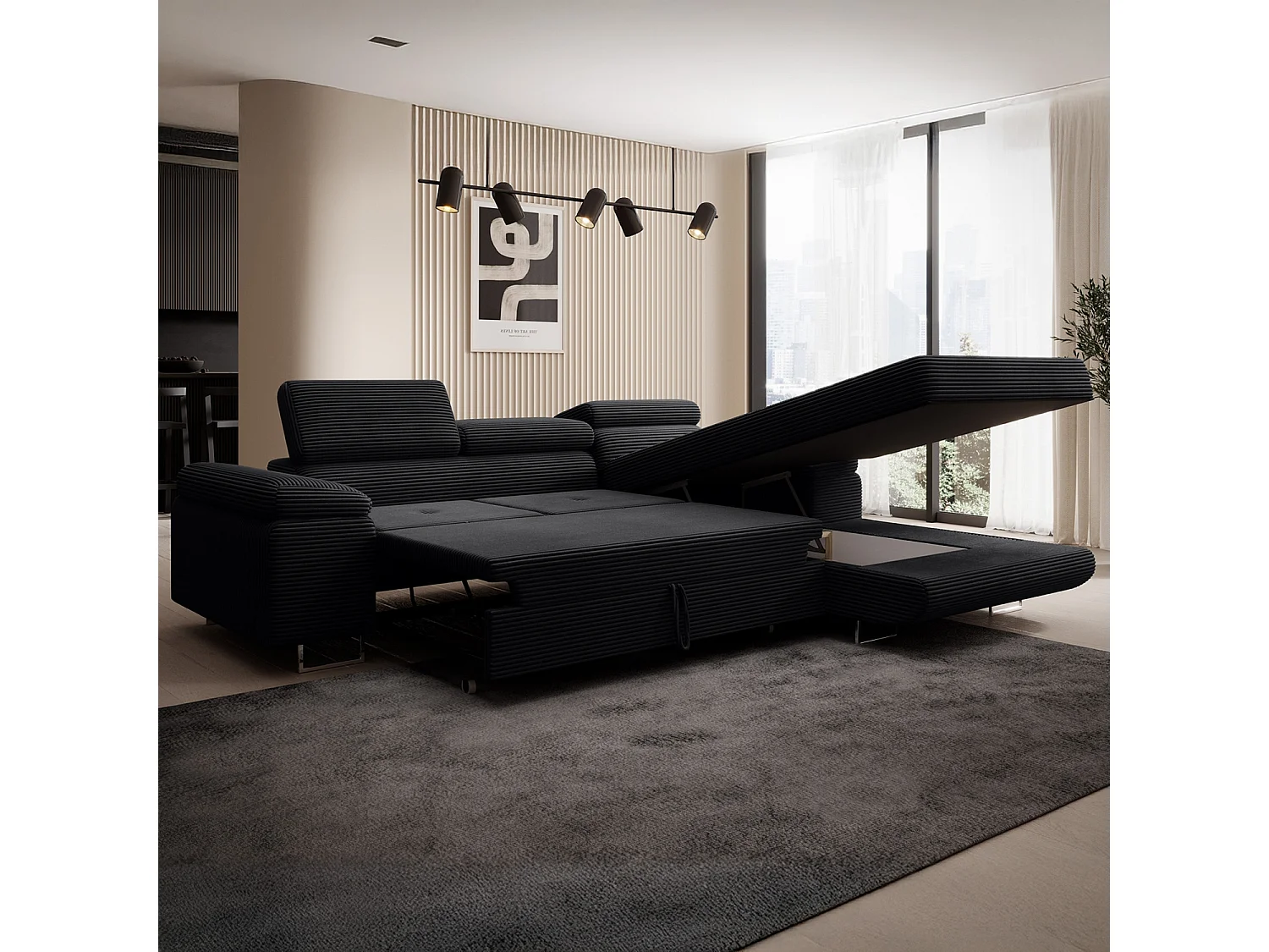 Canapé d'angle droit convertible Alphonso velours côtelé Noir